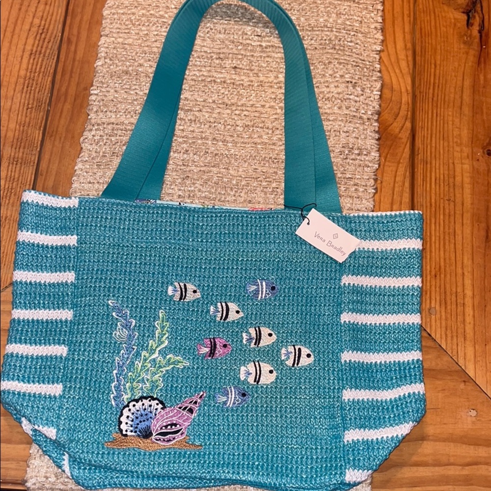 Vera Bradley Aqua Striped Tote with Marine Life straw tote Teal